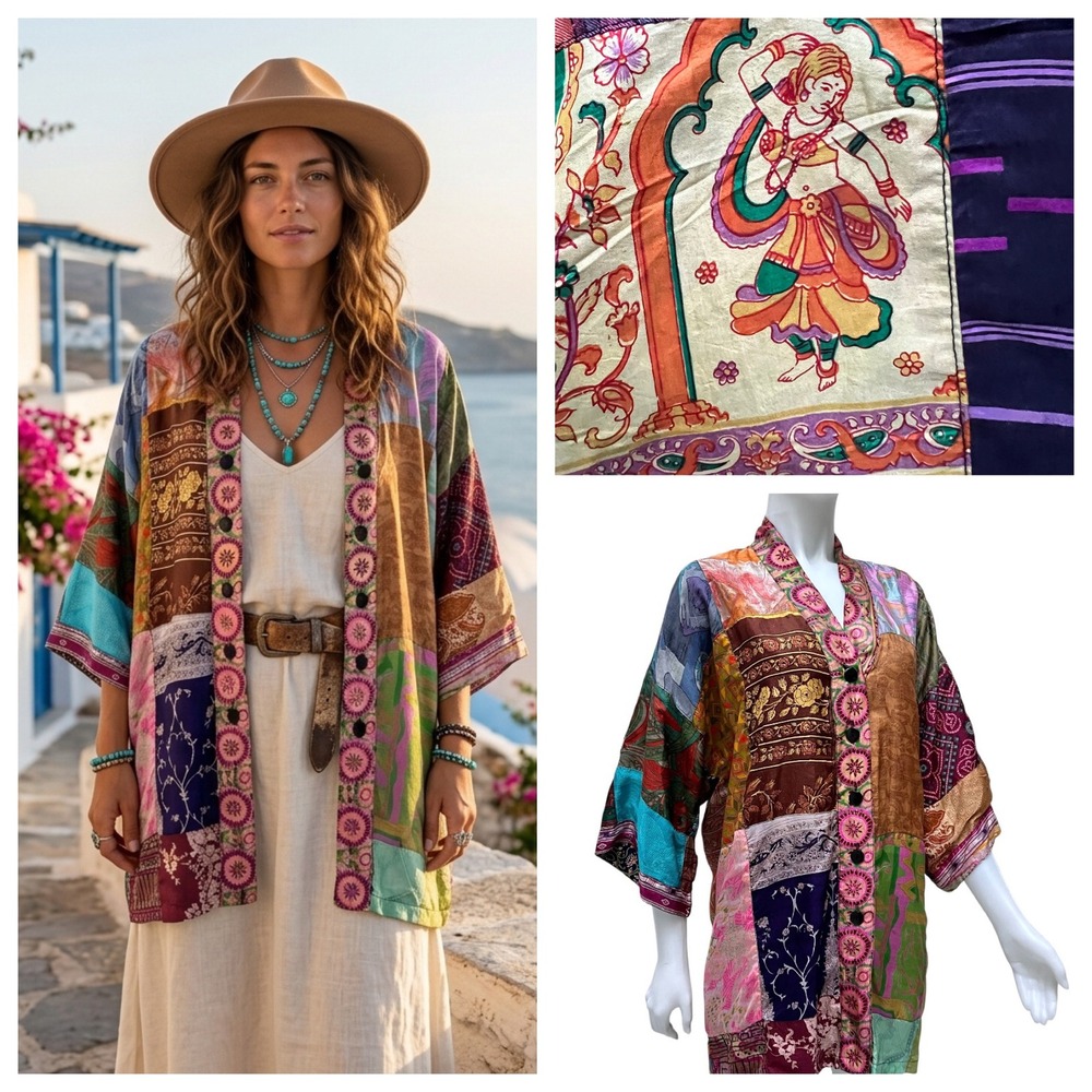 Sacred Threads Silk Patchwork Kimono Jacket Ethnic Bohemian Artsy Festival M/L